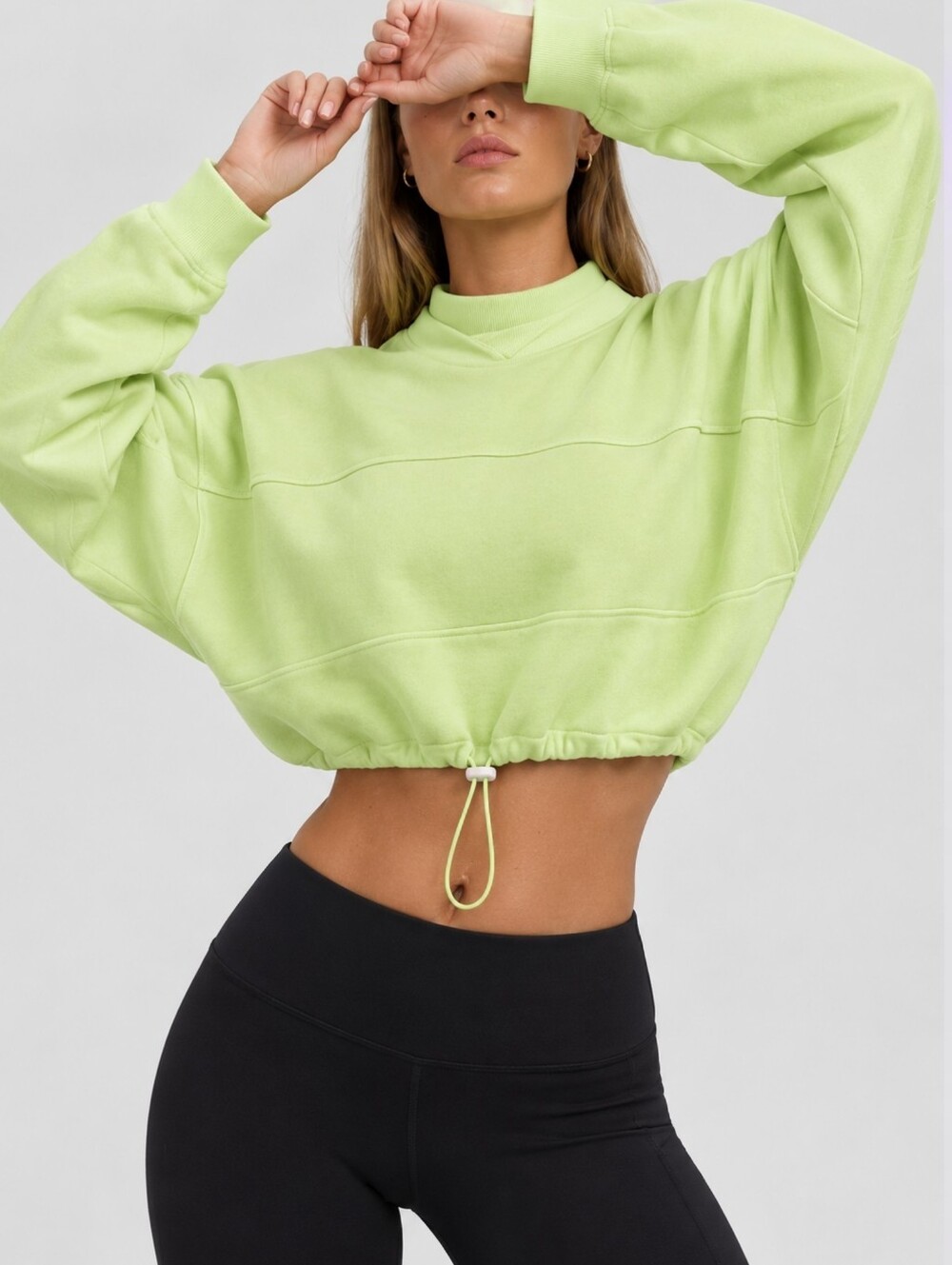 Joah Brown Drawcord Crop Crew Cropped Cotton Sweatshirt Lime Green USA One Size